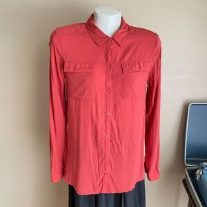 A.N.A. Long Sleeve L Orange Red Tunic Button Down Blouse Pockets Roll Tab Sleeve